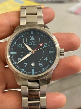 Aeromat Type GMT Jet Bracelet Men's Pilot Watch Steel Blue Dial Swiss Movt 46mm